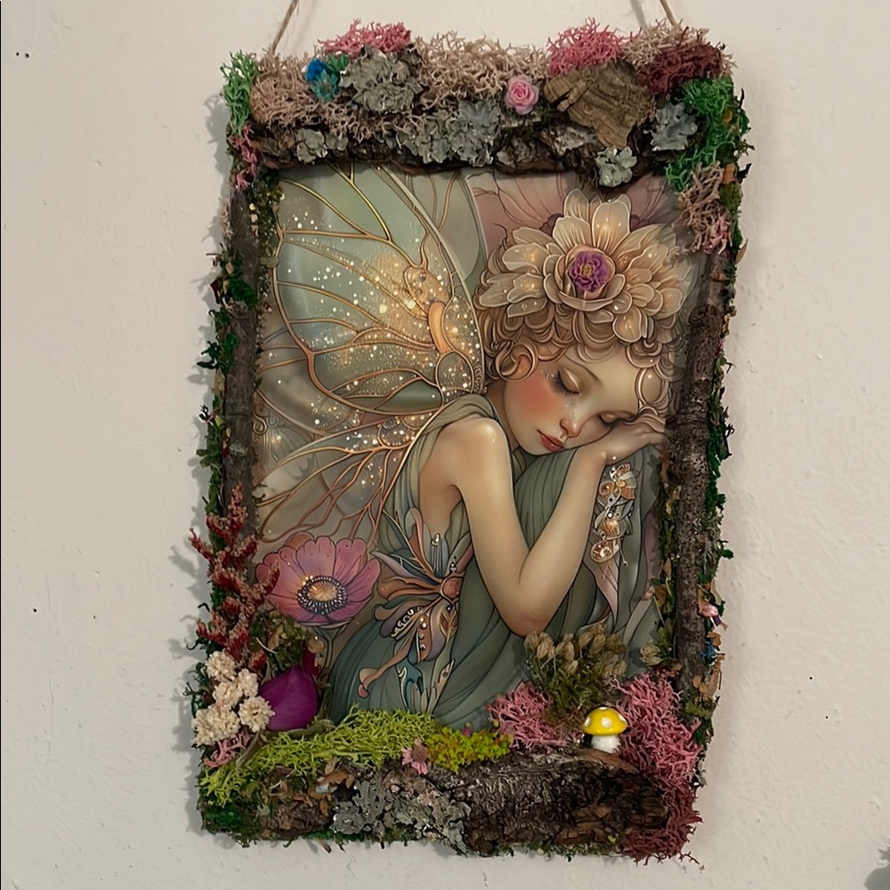Fairy Art Wall Hanging with Handcrafted frame nature inspired moss dried flowers